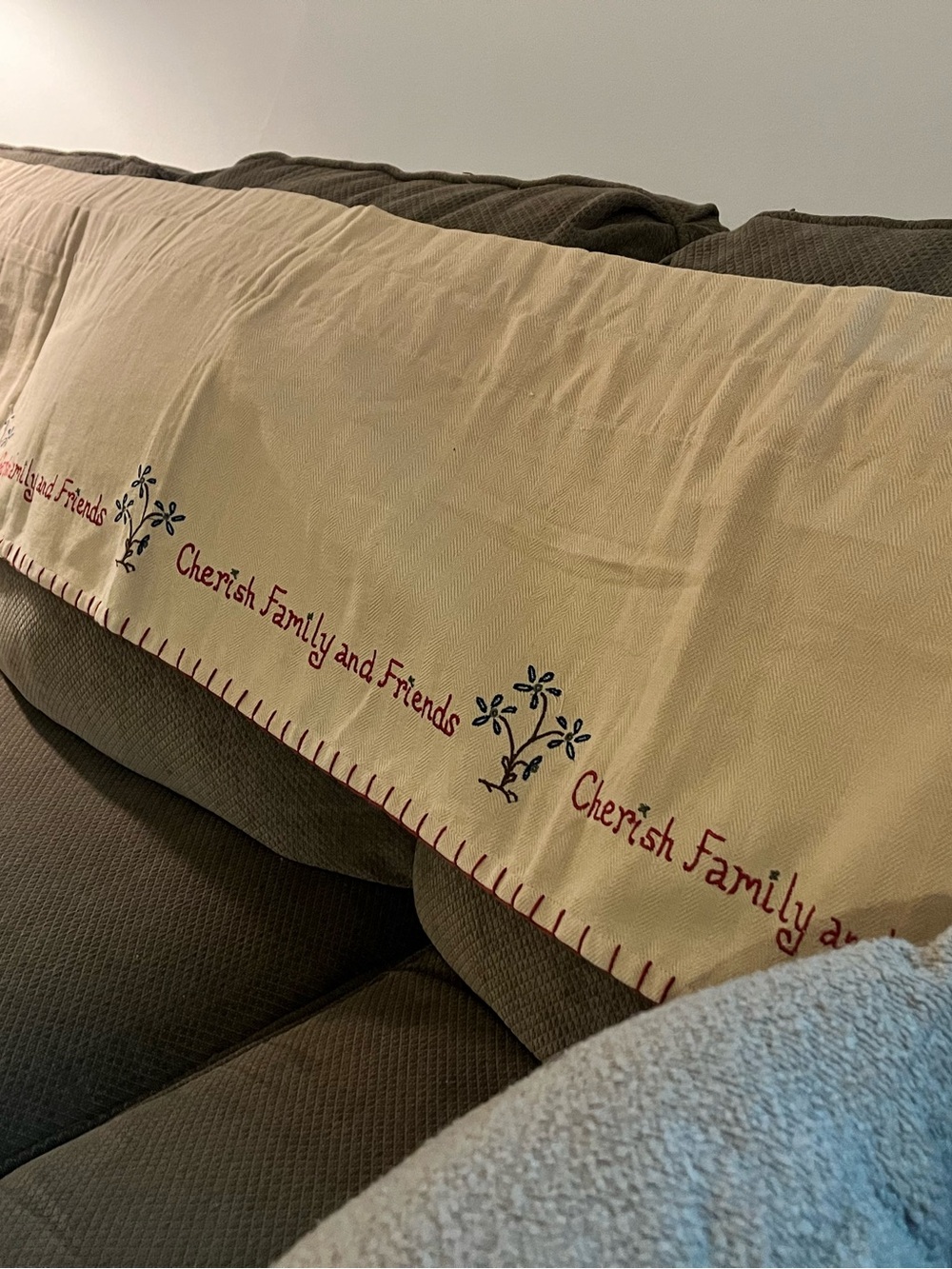 Light tan lined “Cherish Family and Friends”Embroidered Window Valance